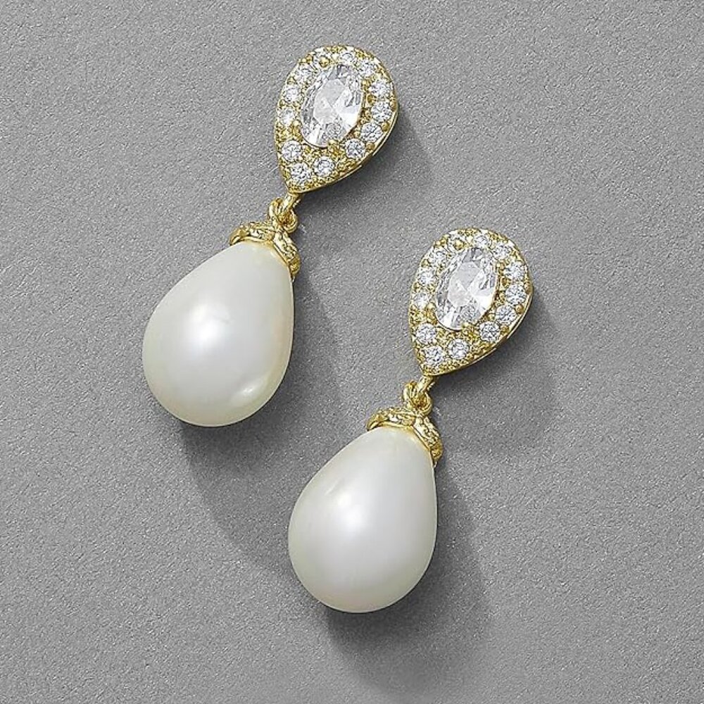 Mariell 14K Gold Plated Pearl Drop Earrings with CZ Crystals